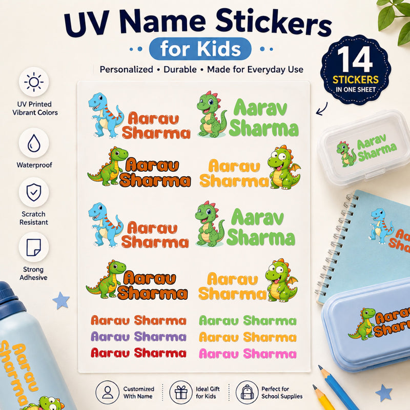 Personalized Dino Kids Name Stickers (Waterproof, 14-Pack)