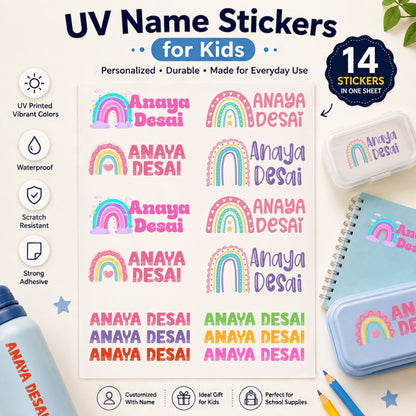 Personalized Rainbow Kids Name Stickers (Waterproof, 14-Pack)