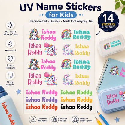 Personalized Unicorn Kids Name Stickers (Waterproof, 14-Pack)