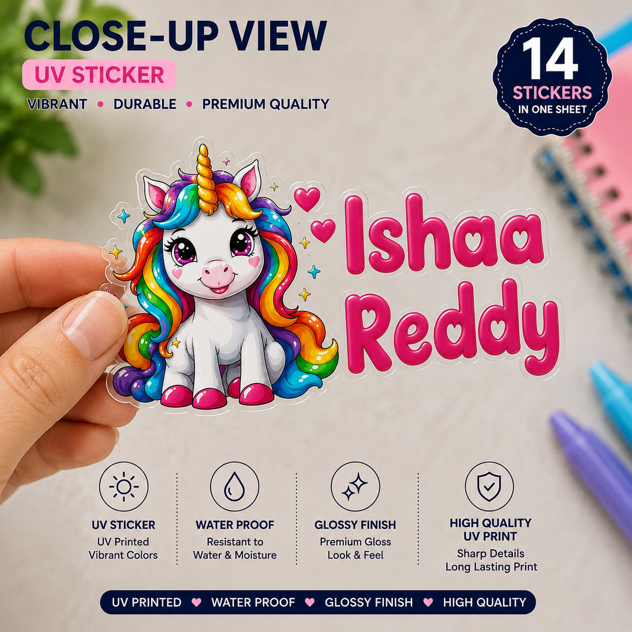 Personalized Unicorn Kids Name Stickers (Waterproof, 14-Pack)