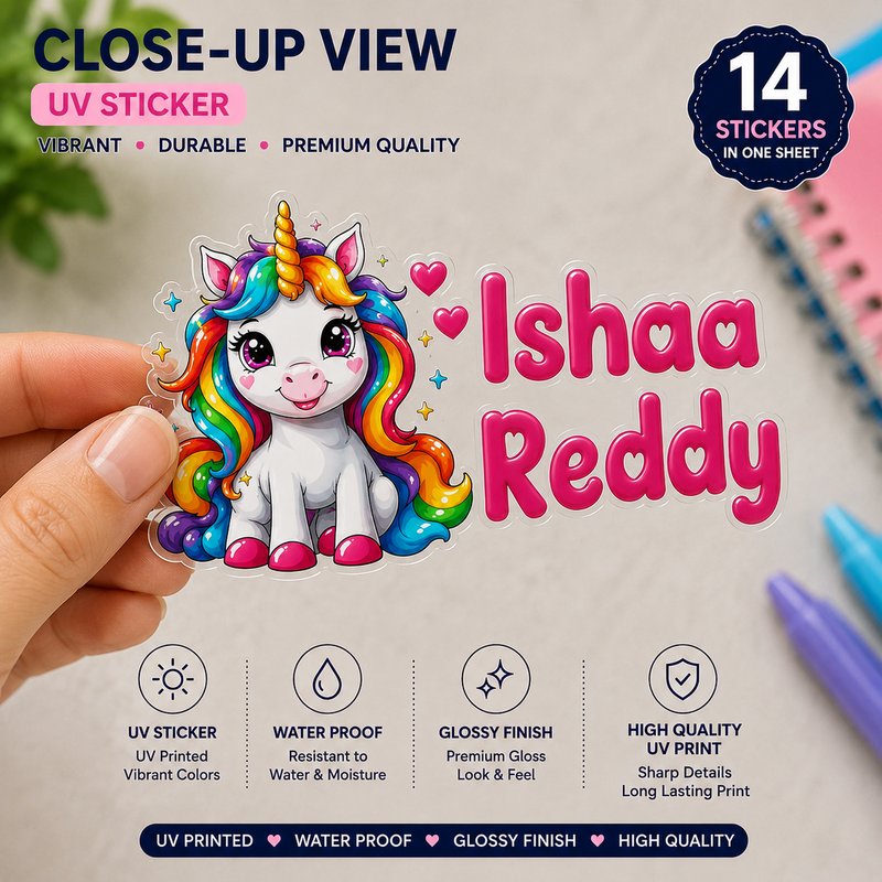Personalized Unicorn Kids Name Stickers (Waterproof, 14-Pack)