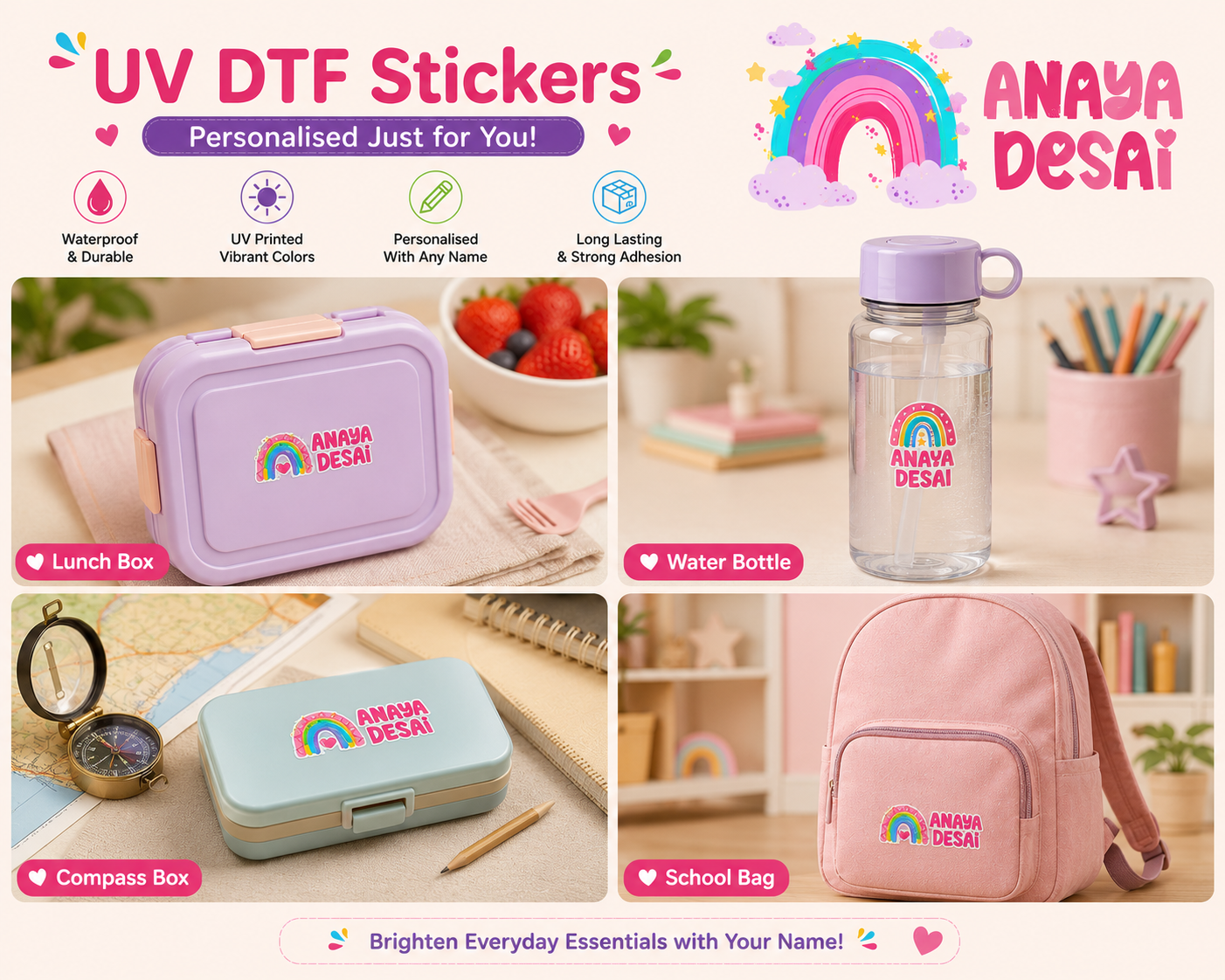 Personalized Rainbow Kids Name Stickers (Waterproof, 14-Pack)